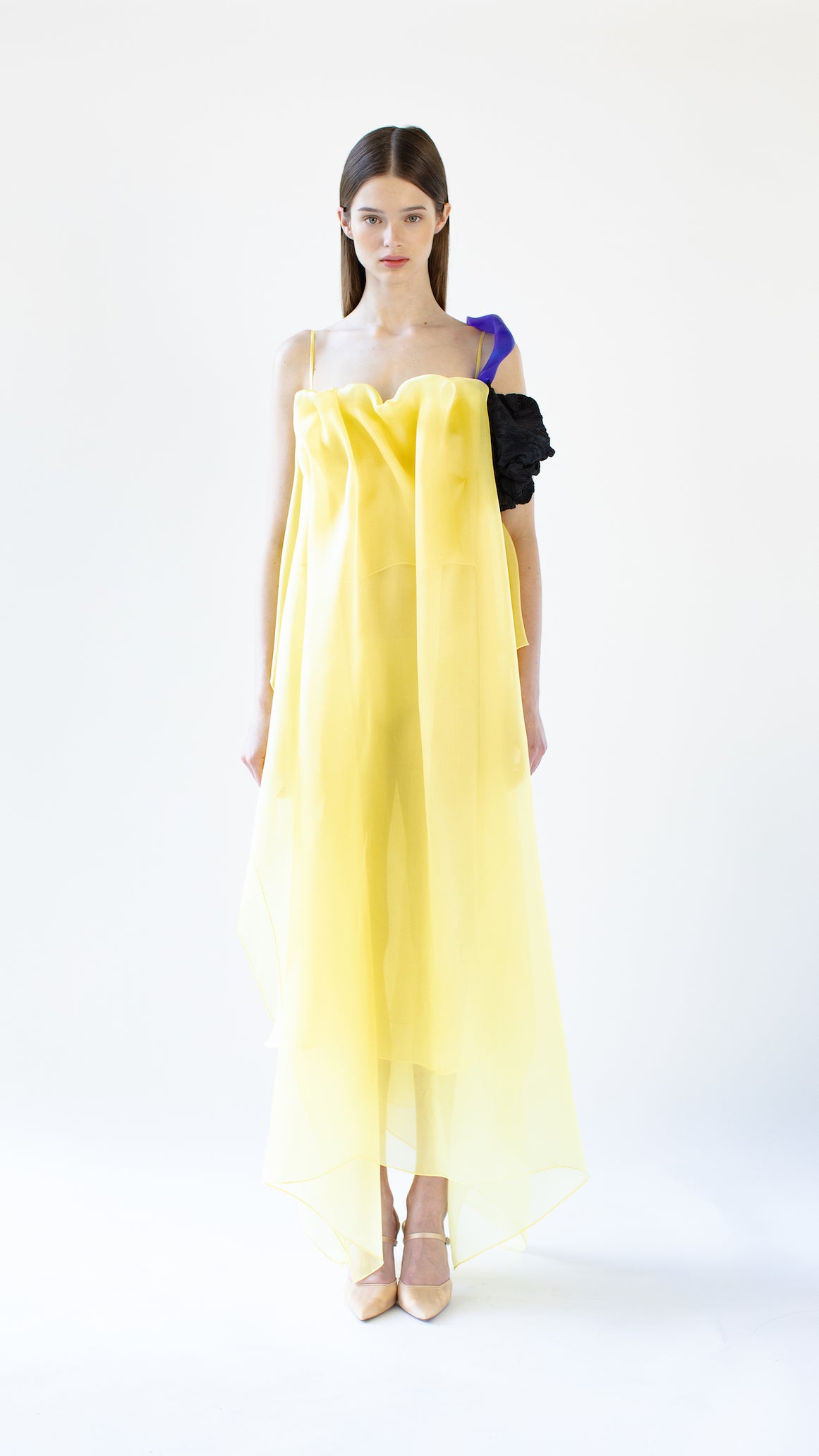 draped yellow silk organza dress