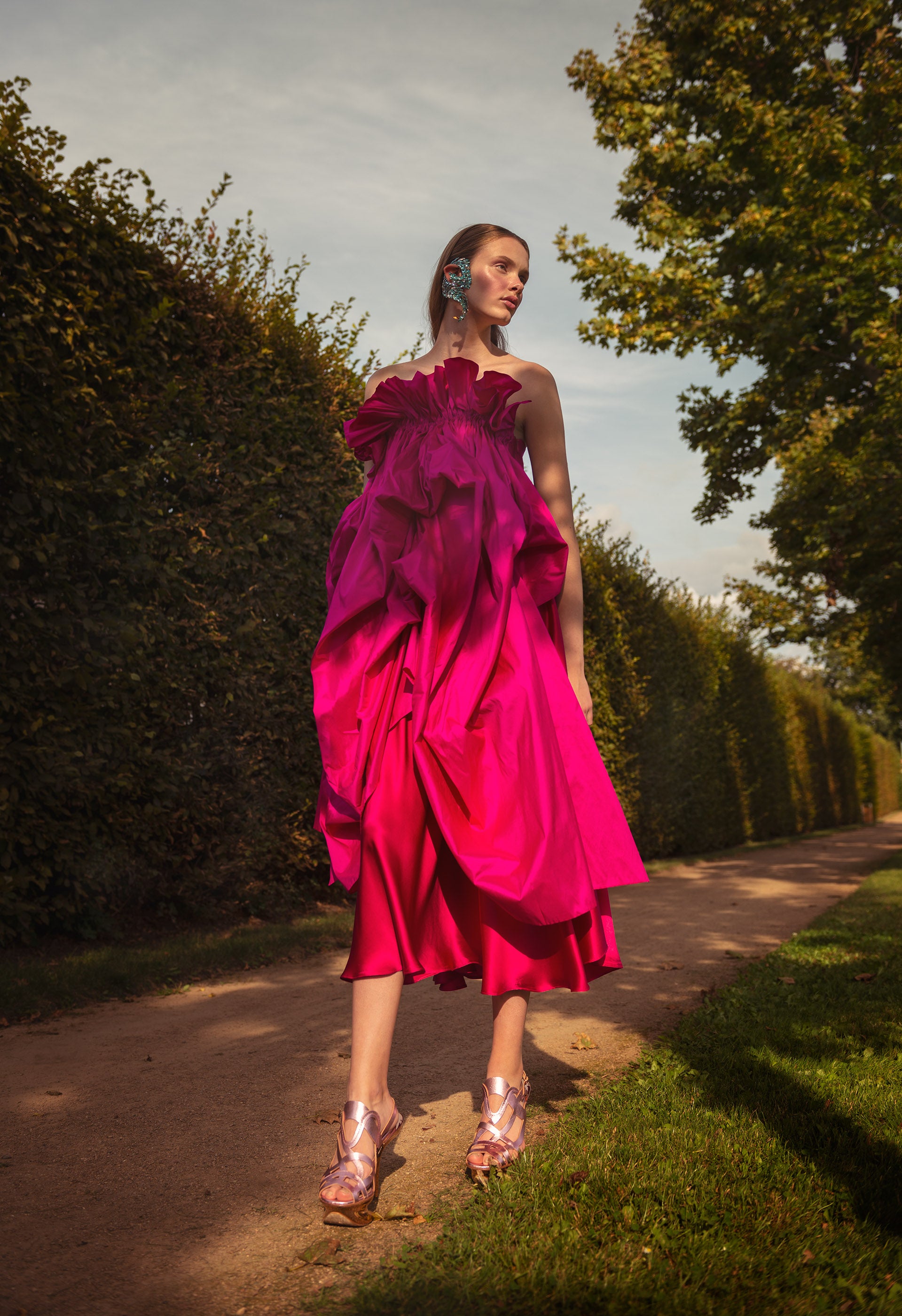 AYAME FUCHSIA SILK TAFFETA AND SATIN DRESS