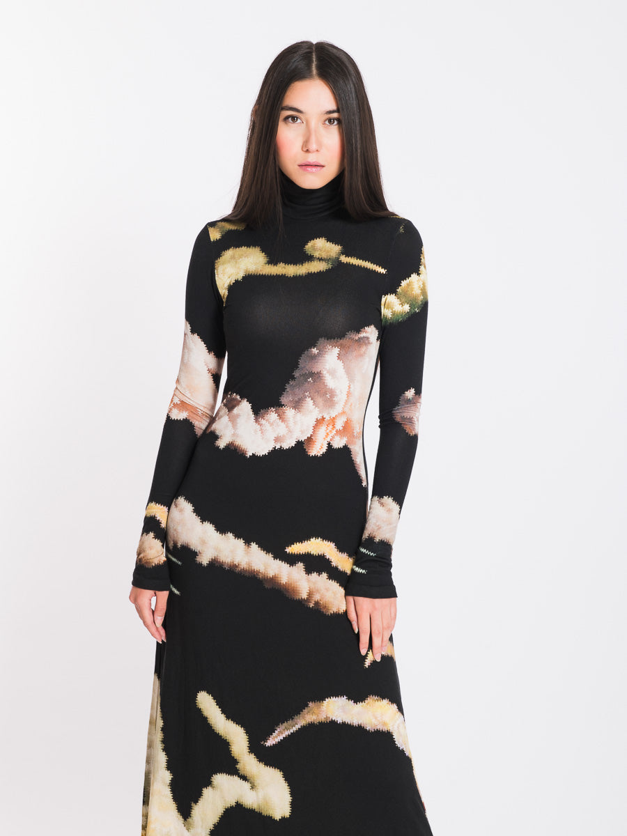 Model wearing long-sleeved dress with original NANICHE print made of visoze flowing material.